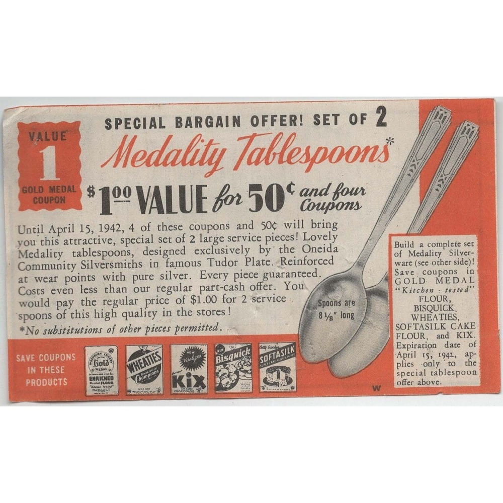 Vintage 1942 Gold Medal Coupon Oneida Medality Tablespoons Silverware Ad - Picture 1 of 2